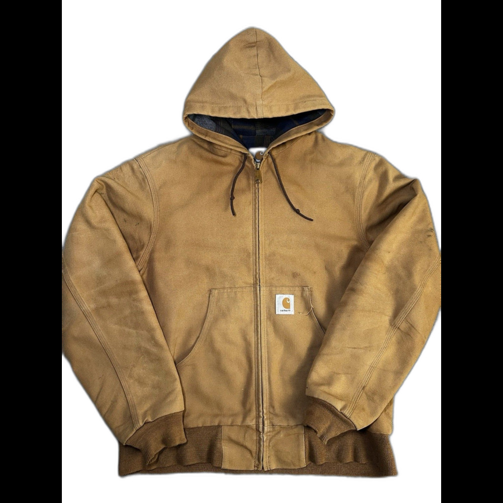 VTG Carhartt JF1006 Flannel Lined Duck Jacket Hooded Mens Medium USA Union-Made